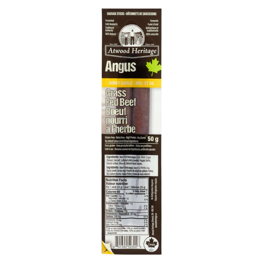 Atwood Heritage Angus Grass-Fed Beef Meat Sticks, Honey Garlic 50g